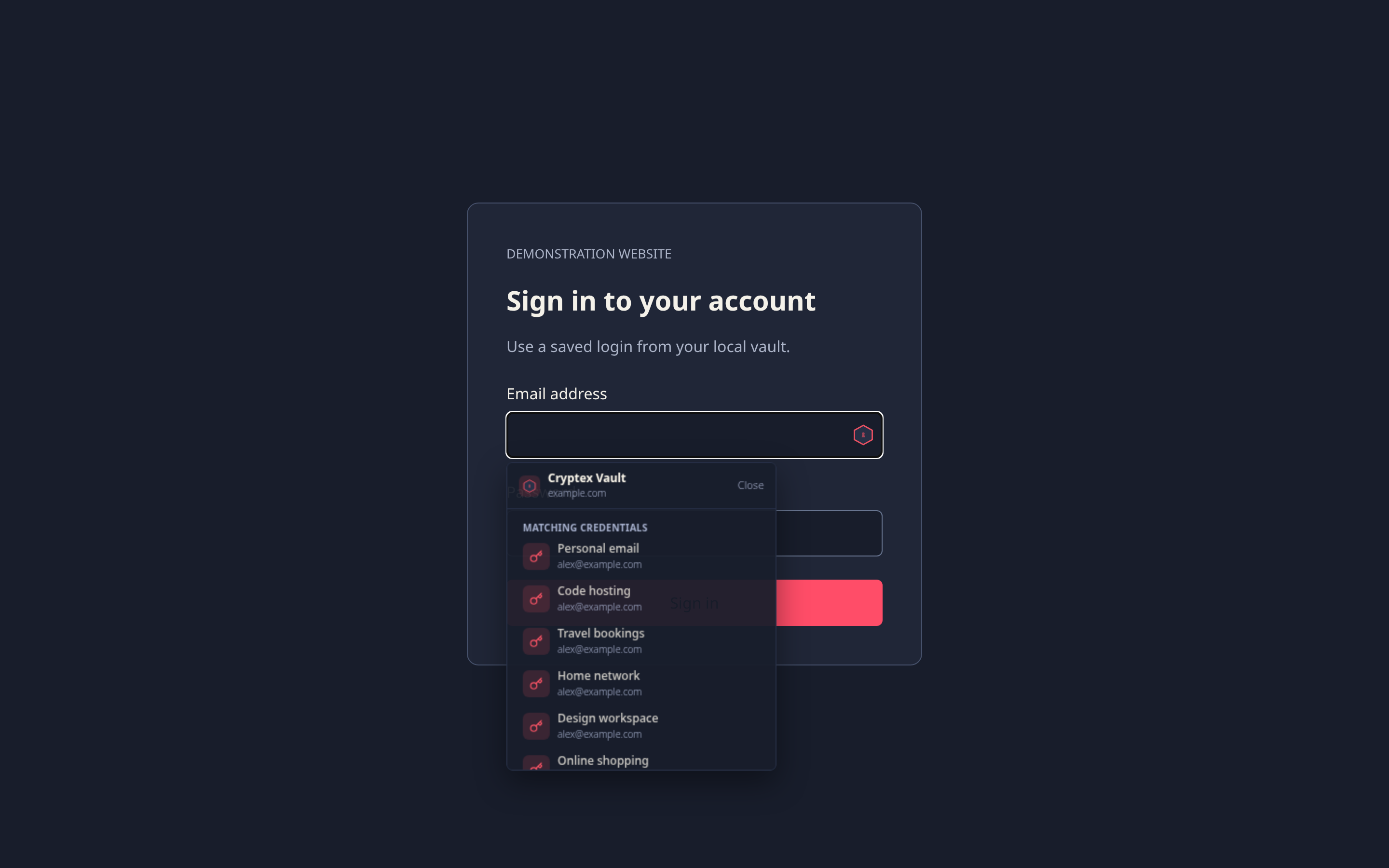 Cryptex Vault inline picker showing matching credentials below a login field