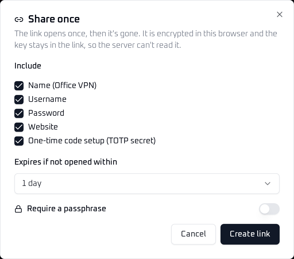 Share once dialog for an Office VPN login with name, username, password, website and the one-time code setup selected