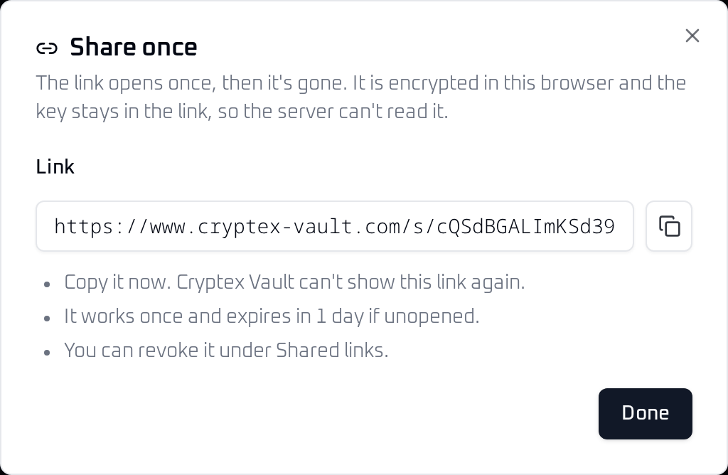Share once dialog showing the new link with a copy button