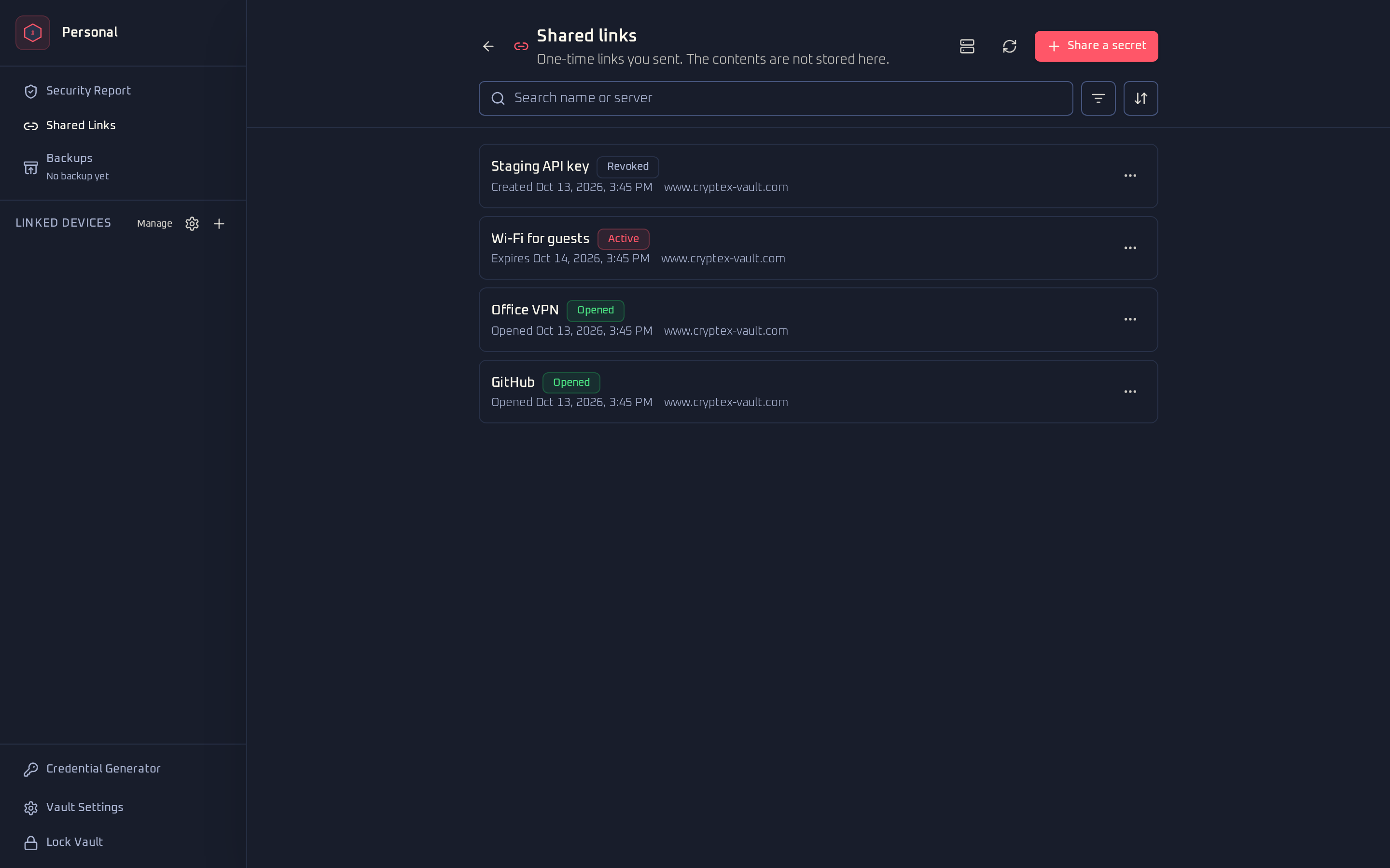 Shared links list with a revoked API key, an active Wi-Fi password, and two opened logins