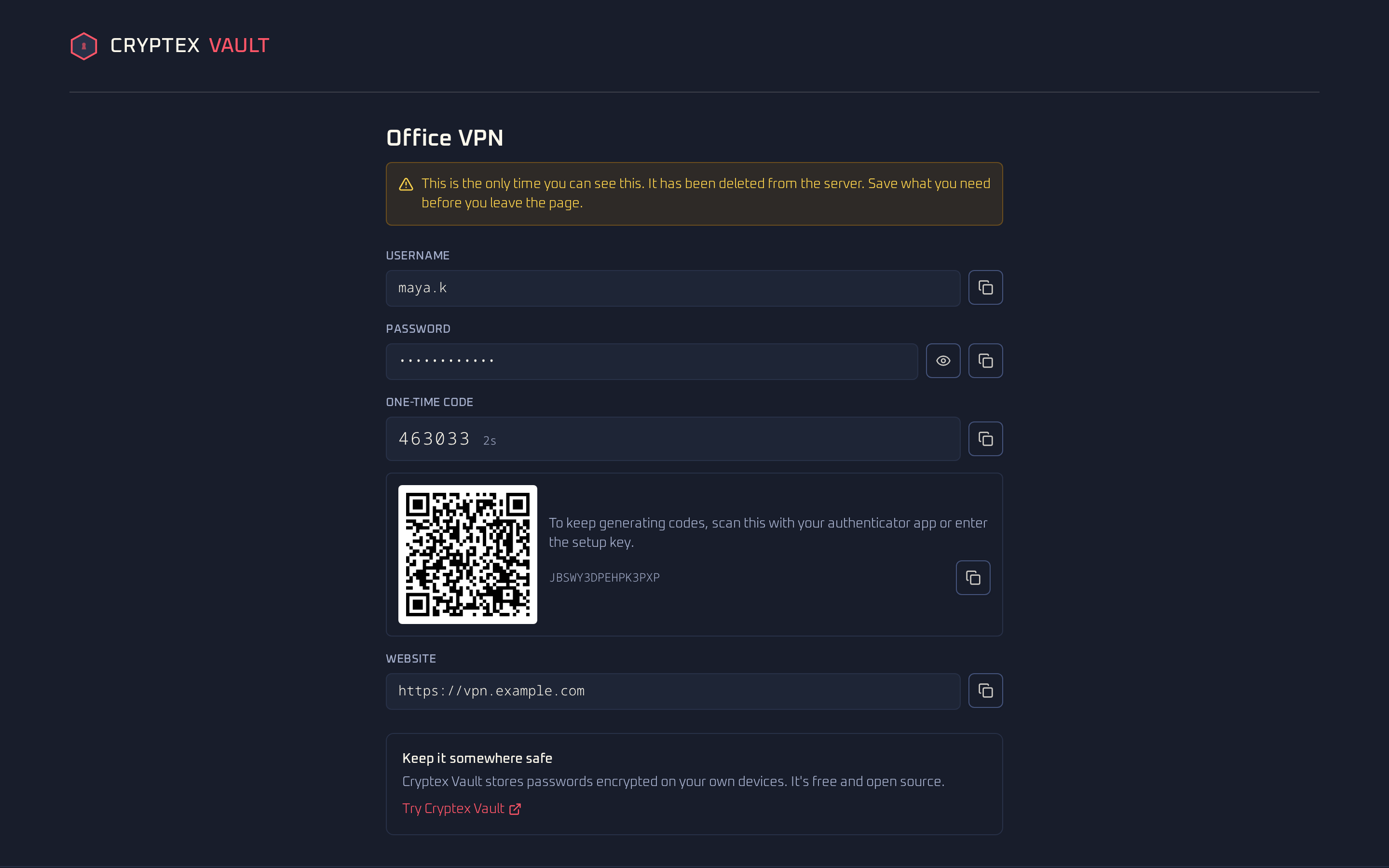 Revealed shared login with username, hidden password, live one-time code, setup QR code and website