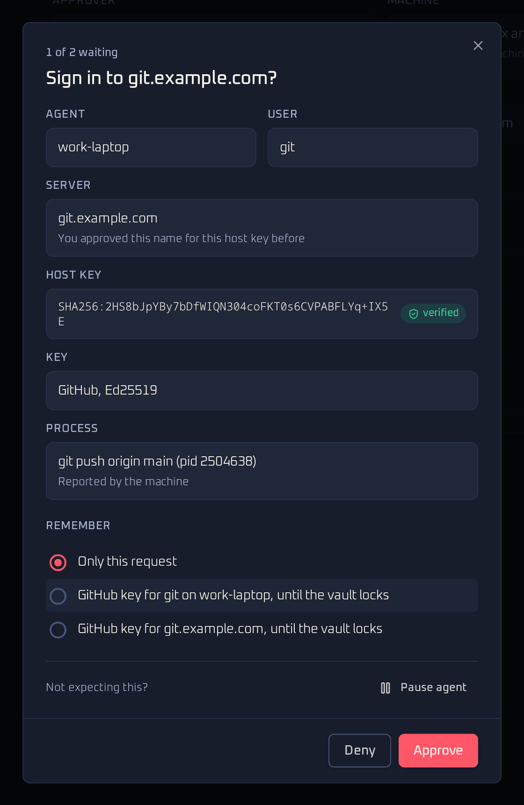 Request dialog titled Sign in to git.example.com with 1 of 2 waiting, agent work-laptop, user git, a verified host key, the GitHub key, the process git push origin main, Remember choices, Pause agent, Deny and Approve
